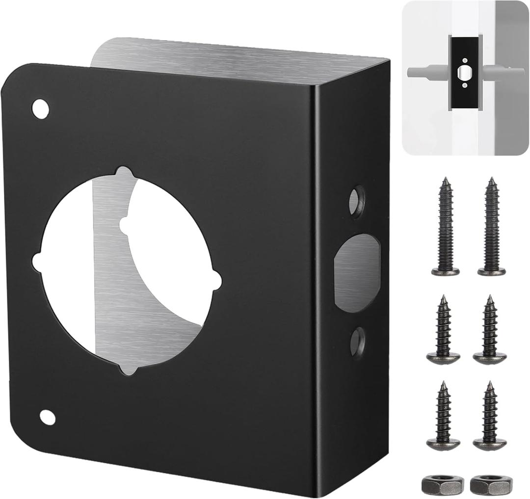 Lock and Door Reinforcer, Door Lock Reinforcement Plate, Stainless Steel Home Security Door Lock Plate with 1-3/8" Thickness, 2-3/8" Backset, and 2-1/8" Bore (Black)