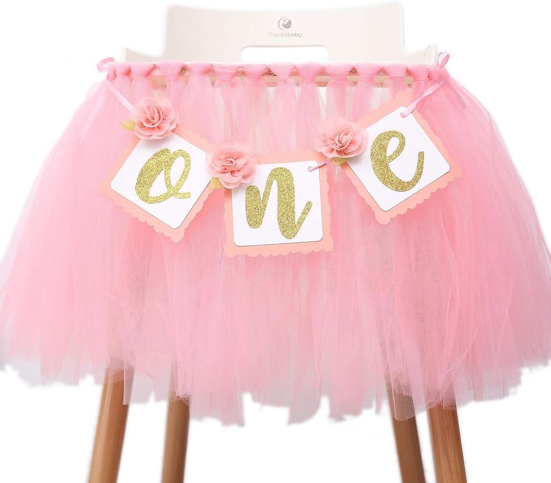 WAOUH Tutu Highchair Decoration for 1st Birthday - First Birthday Party for GirlBaby Cake Smash And Photo PropsPrincess's Best Party GiftONE Pink Tutu