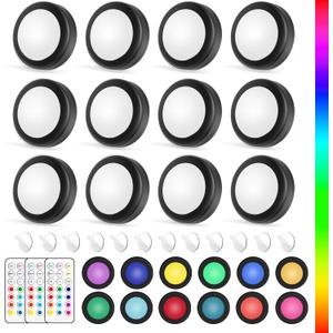 Yiliaw LED Puck Lights with Remote Control, AA Battery Operated, 12 Color Closet Under Cabinet Lighting, Push Tap Light, Under Counter for Kitchen, 12 Pack, Black-Magnetic