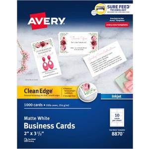Avery Clean Edge Printable Business Cards with Sure Feed Technology, 2" x 3.5", White, 1,000 Blank Cards for Inkjet Printers (08870)