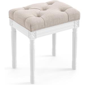 LUE BONA Upholstered Fabric Vanity Bench Seat, Makeup Stools for Vanity, Square Tufted Ottoman Bench with Carved White Legs for Bedroom Living Room, Linen Color