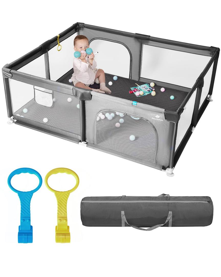 dearlomum Baby Playpen with Non Removable Mat, Extra Large Play Yard for Babies & Toddlers, Portable Travel Playpen, Baby Activity Center for Indoor & Outdoor Use (Gray 59"71")
