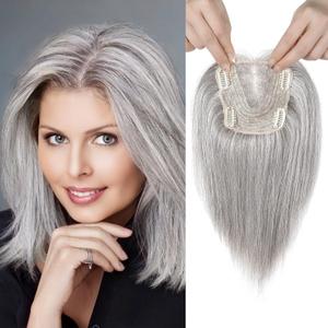 REECHO Real Human Hair Topper, 10 inch Women Hair Toppers for Thinning Hair, 100 Percent Human Hair Large Coverage Natural Hairpiece Wiglet, Butterfly Base 5"x4.8", Light Gray (Grey)
