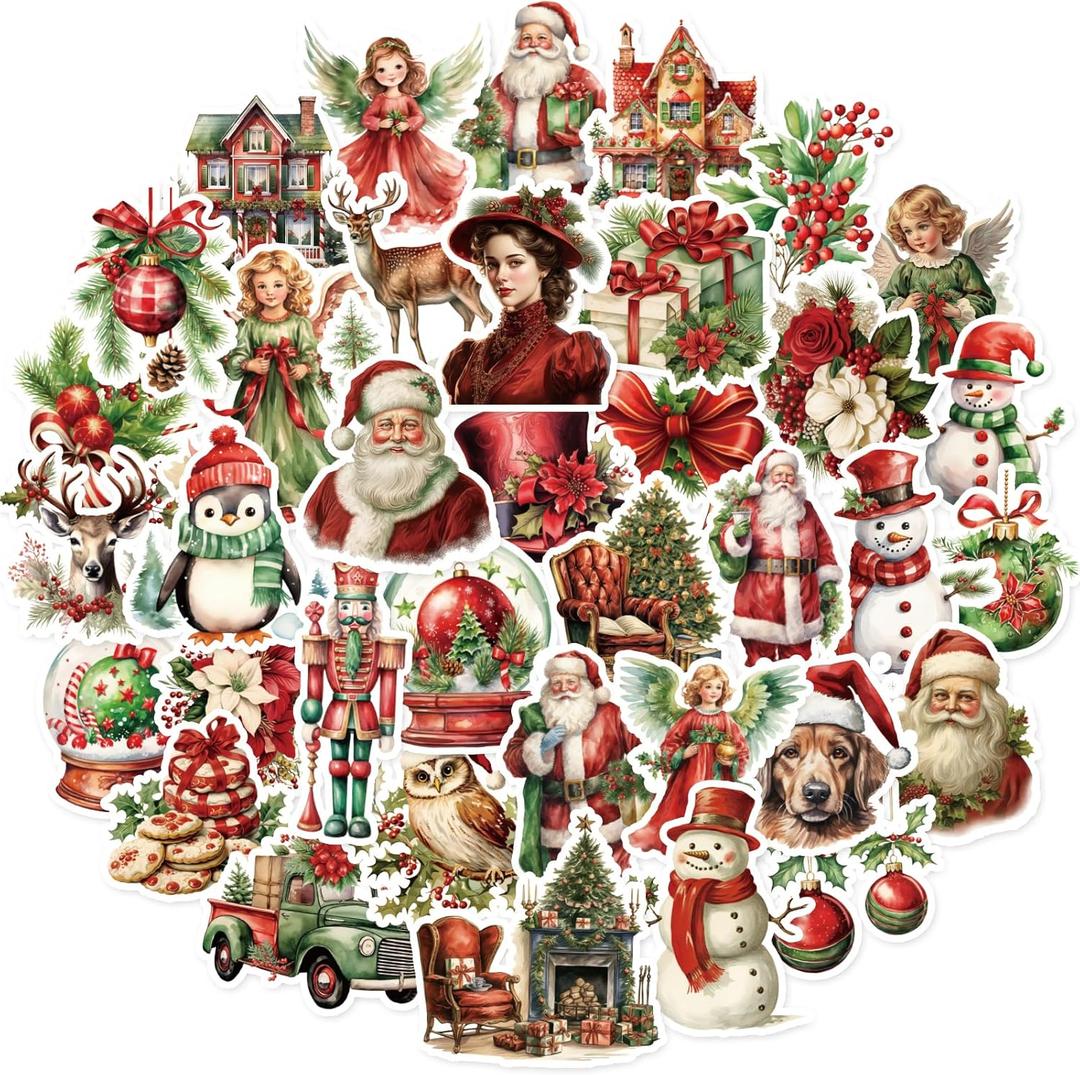 100 Pcs Vintage Christmas Stickers,Vintage Santa Stickers Winter Holiday Decals for Scrapbook Junk Journal Bullet Collage DIY Crafts,Christmas New Year Decor, DIY Crafts, Laptop, Water Bottle