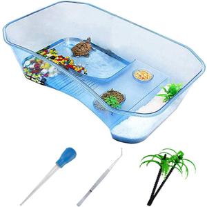 PINVNBY Plastic Turtle Tank Reptile Habitat Pet Terrariums Turtles Tank Aquarium Terrapin Topper Basking with Platform Plants,Durable,Safe, Non-Toxic(Blue)