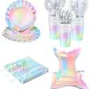 Cunhill 144 Pcs Mermaid Party Supplies Disposable Paper Tableware Holographic Shell and Tail Plates Napkins Cups Spoons Fork Knives for Baby Shower Birthday Party Decorations, Serve 24