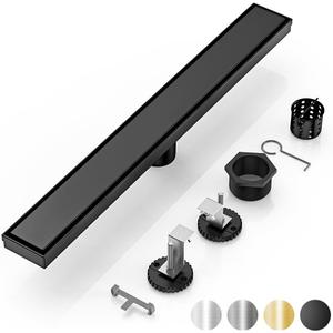 DLONE Linear Shower Drain | 24" AISI 304 Stainless Steel Shower Drain, Matte Black Linear Drain with Tile Insert Panel & Adjustable Feet, Long Rectangle Shower Floor Drain in Bathroom, Balcony, etc