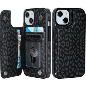 HAOPINSH for iPhone 13/14 Wallet Case with Card Holder, Black Leopard Cheetah Pattern Back Flip Case PU Leather Kickstand Card Slots Case for Women Girls, Double Magnetic Clasp Cover 6.1"