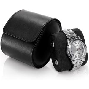 Leather Travel Watch Case, Single Watch Gift Box with Pillow, Portable Jewelry Watch Storage Roll Organizer Carrying Case for Display, Men, Women, Luxury Black
