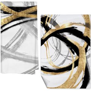 Black and Gold Kitchen Decor Towels Set of 2, Black Gold and White Bathroom Decorative Dish Tea Towels for Kitchen, Contemporary Decor Hand Towels for Bathroom, 16x24 Inch
