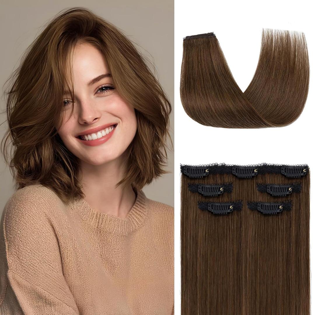 Rich Choices Clip In Hair Extensions Real Human Hair-5 Pcs(4PCS Single Clip+1PCS 3 Clips)-Remy Short Clip in Extensions for Thin Hairs-Mini Clip ins Hairpiece for Women 12 Inch #4 Medium Brown