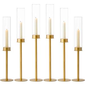 Hewory Gold Tall Hurricane Candlestick Holders: 6Pcs Brass Taper Candle Holder Candelabra Centerpieces, Candle Stick Holders with Candle Cover for Wedding Dinner Christmas Decor