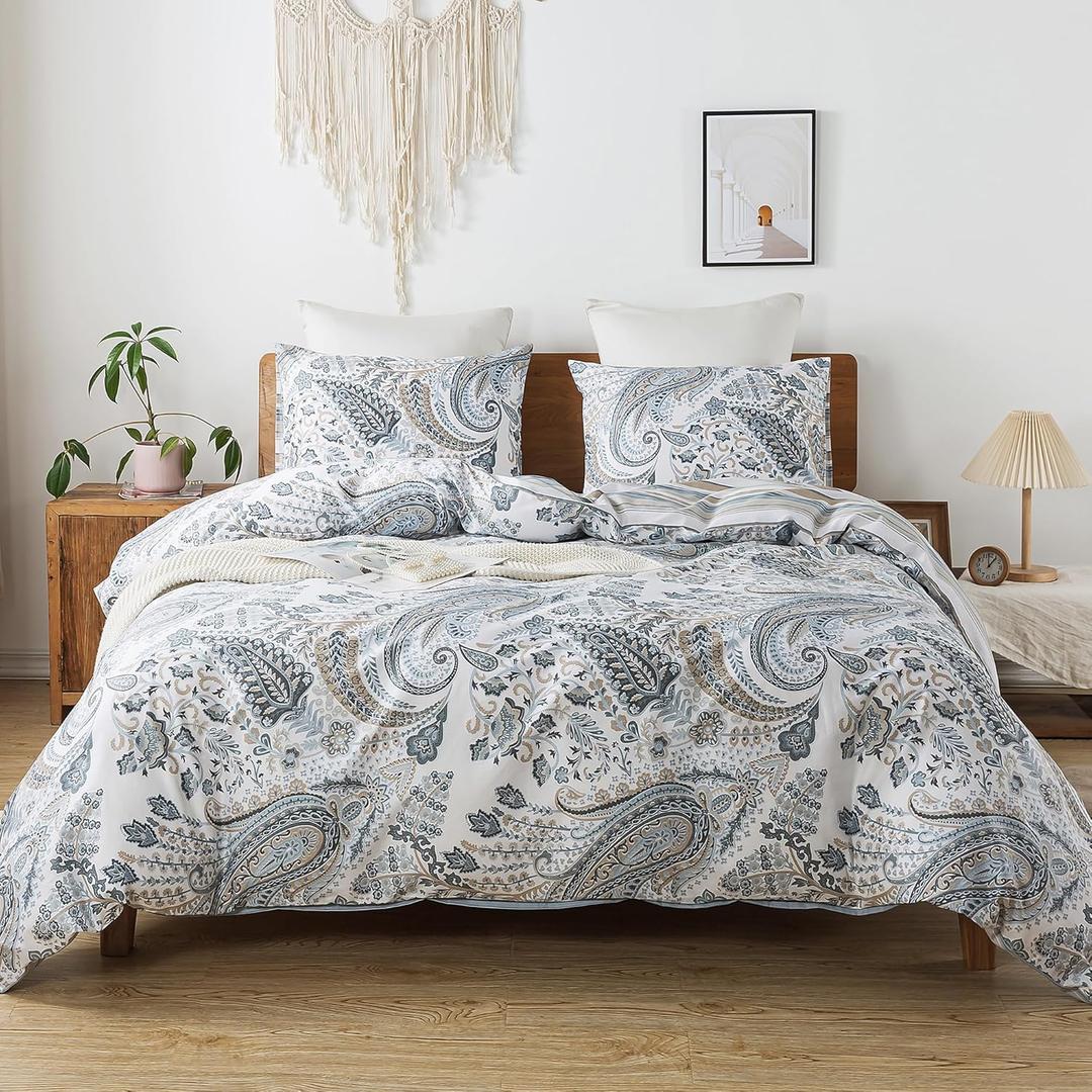 HoneiLife Cotton Duvet Cover Queen - 3pcs Paisley Comforter Cover, Soft & Breathable Floral Bedding Duvet Cover Sets with Zipper Closure & Corner Ties, Wildflower Comforter Cover Sets All Season Use (Queen/Full-90"x90", Blue & Brown)