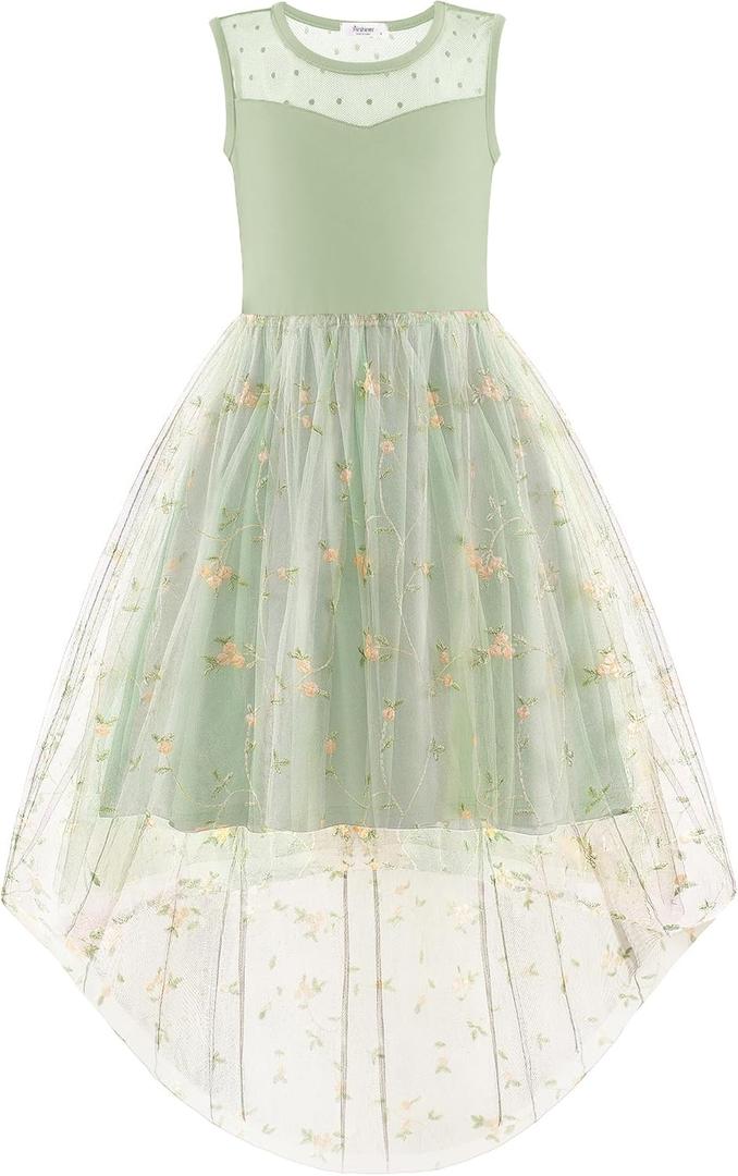 Arshiner Girls Dresses Formal Party Wedding Tulle Sleeveless Contrast Mesh High Low Dress with Belt (Green, L)