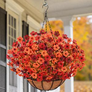 Yastouay Artificial Fall Hanging Baskets for Outdoors, Fake Hanging Plants Realistic UV Resistant Fall Flowers for Fall Decor Porch Patio Garden Decor (Orange Brown Red) (12 Bundles)