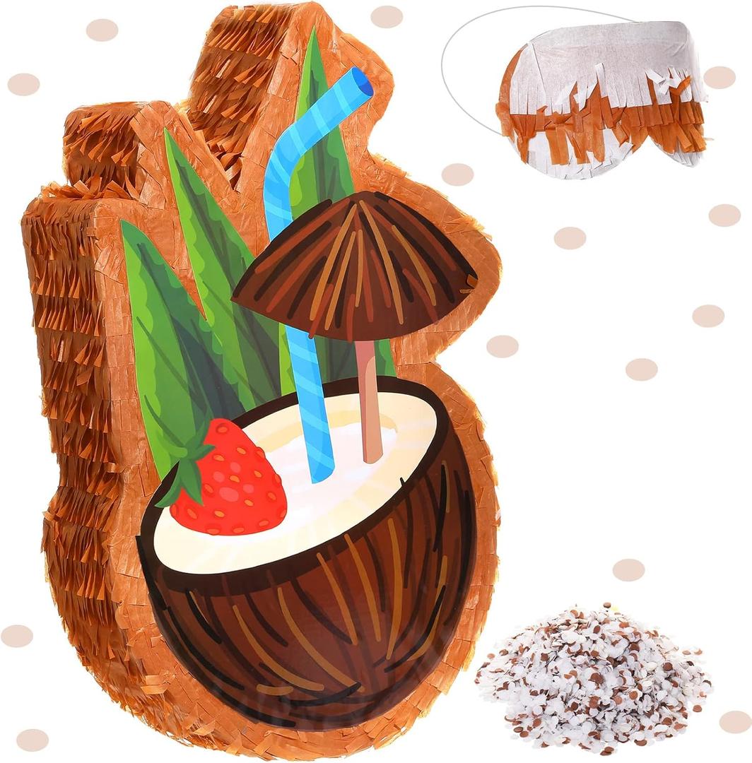 Sratte Small Coconut piata with Stick and Blindfold Confetti Summer piata Hawaiian Birthday Decor Brown Coconut piata for Kids Birthday Party Supplies Baby Shower 16 x 11.4 x 3 Inch