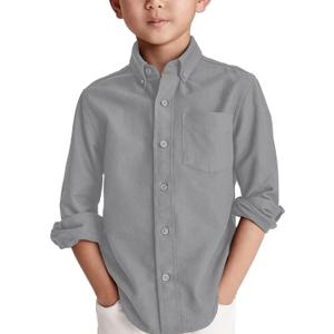 Boys' Long Sleeve Dress Shirts Classic Collared Button-Down Tshirt Solid Cotton Top with Chest Pocket (13-14 Years, Gray)