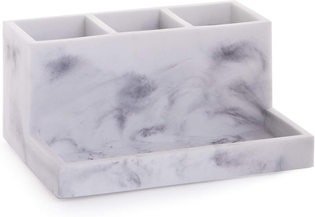 BINO | Multi Purpose 3 Compartment Organizer with Tray | Makeup Brush Holder Makeup Brush Organizer Holder Toothbrush Marble Bathroom Accessories (Matte Marble)