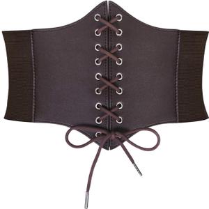 SUOSDEY Black Corset Belt for Women, Vintage Lace-up Elastic Waist, Tied Waspie Wide Belt for Halloween Costume (L: Waist Size 36''-40'', 02-coffee)