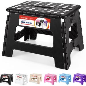ACSTEP Folding Step Stool 9'' Tall Kids Step Stool Holds Up to 300 lb Plastic Foldable Step Stools for Kids Non-Slip Surface with Carry Handle Collapsible Stool for Home, Outdoor and Indoor(Black)