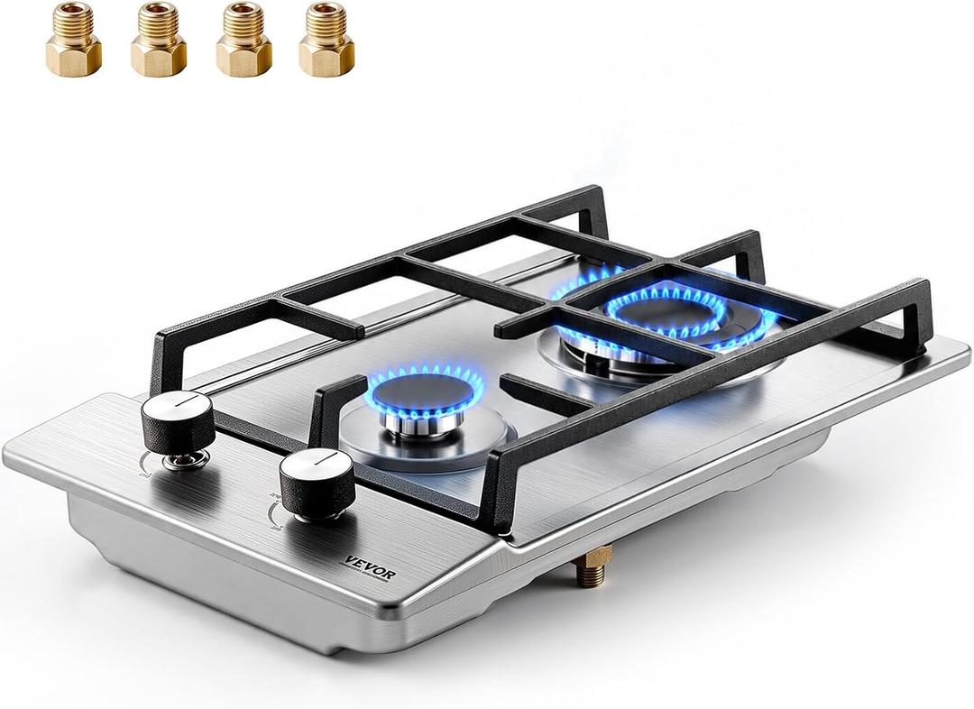 VEVOR Gas Cooktop 12 inch, Max 12250BTU 2 Burners Built-in Stainless Steel Gas Stove Top, LPG/NG Convertible Dual Fuel Natural Gas Hob with Thermocouple Protection for Outdoor, Kitchen, Camping, RV