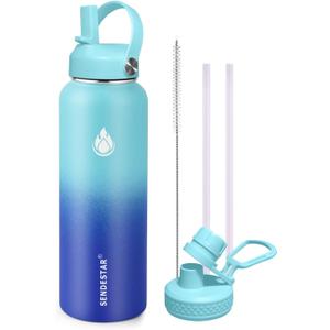 SENDESTAR Stainless Steel Wide Mouth Water Bottle 32oz Double Wall Vacuum Insulated Leak Proof Bottle with New Flex Straw Lid & Spout Lid XIN-MC-1000-1