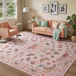 Unirea 5x7 Pink Living Room Bedroom Area Rug, Large Washable Non Slip Rug for Dining Room Under Table, Kids Room, Home Office, Thin Soft Boho Stain Resistant Insect Bug Rug, Low Pile Carpet