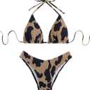 Women's Camo Halter Bathing Suit High Waisted Summer Swimsuit Bikini Set (Large, Brown)