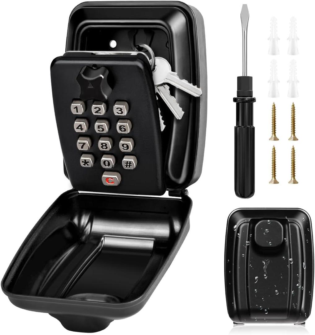 Key Lock Box for Outside, Sturdy Waterproof Wall Mount Lock Box for House Key, 12-Digit Combination Resettable Large Capacity Security Lockbox for Home, Garage, Office, Warehouse (Black)