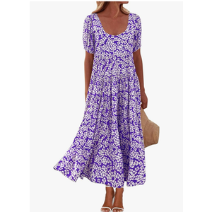 BTFBM Casual Dresses for Women 2024 Short Sleeve Floral Print Dress Cute Maxi Dresses for Women Trendy Long Dress(Purple White Flower,Large), L