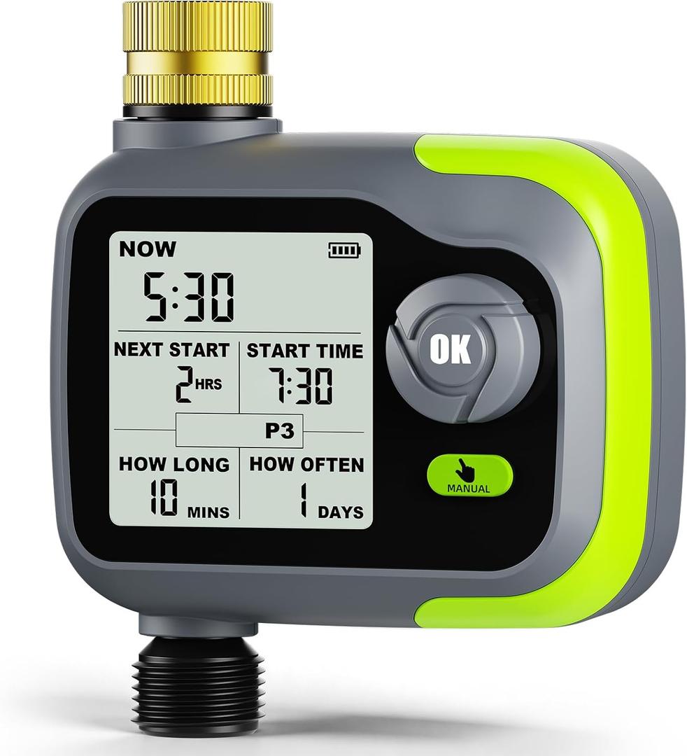 Sprinkler Timer, Watering Timer Brass Inlet for Garden Hose, Programmable Hose Timers w/Rain Delay, Outdoor Soaker Auto& Manual Drip Irrigation Controller System for Lawn Yard Greenhouse