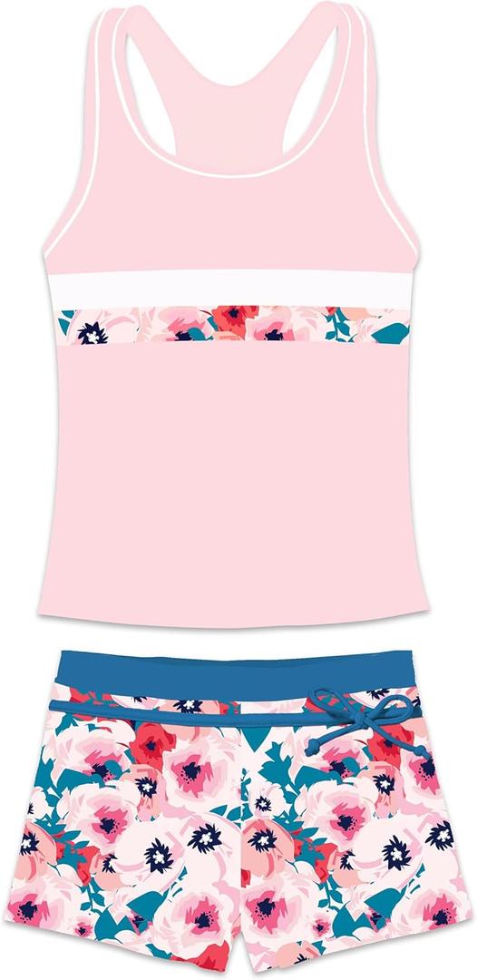 Little Girls' Summer Swimwear Two Piece Boyshort Tankini Kids Swimsuit (12-13 Years, Pinkflowera)