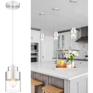 Pendant Lights Kitchen Island, Brushed Nickel Dual Shade Hanging Lights Fixtures with Metal and Clear Glass, Modern Kitchen Pendant Lighting Over Island for Dining Room, AD-24022-1P-SN
