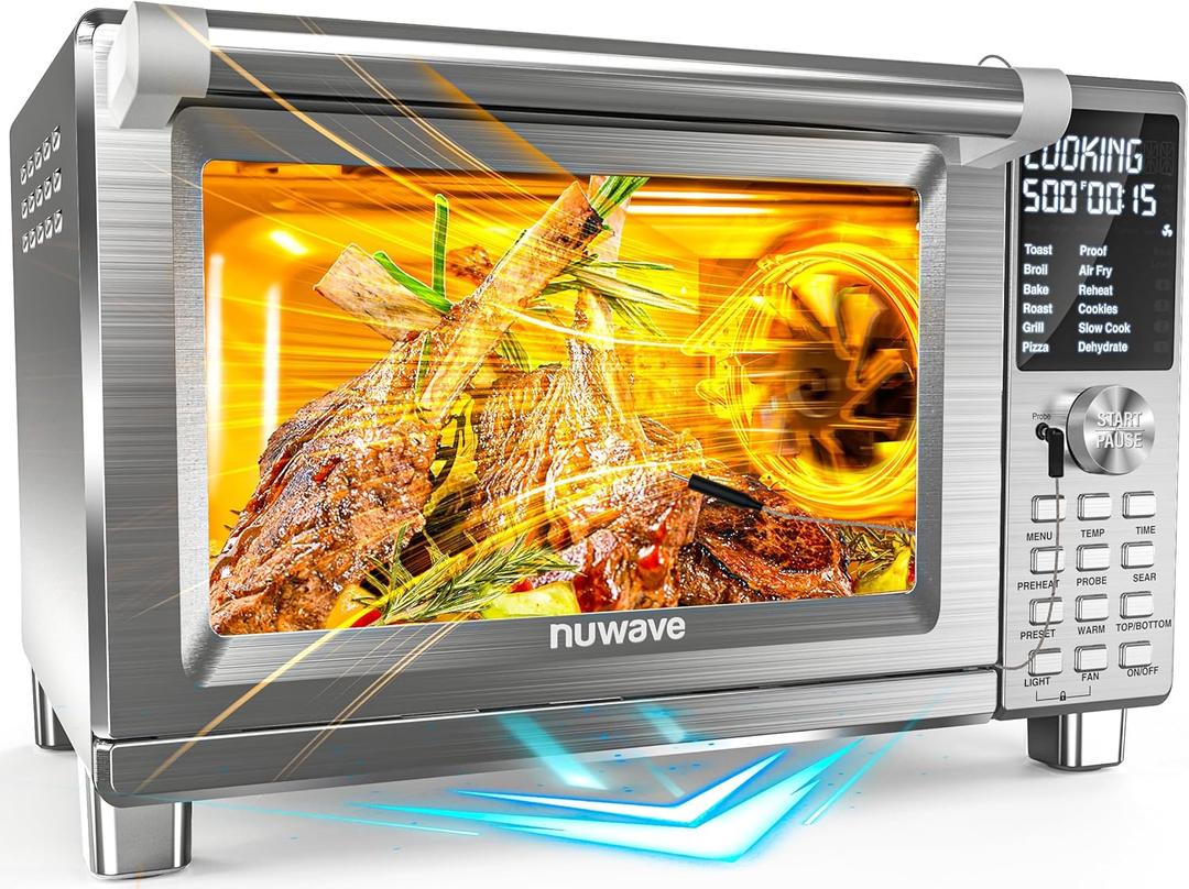 Nuwave Bravo XL Pro Air Fryer Toaster Oven with Grill Combo, 2025 New Ultra-Fast Convection System, 35% Crispier, 2X More Even, 142 Presets, 50-500F, Smarter Probe, PFAS Free, 30QT, Stainless Steel (Brushed Stainless Steel)