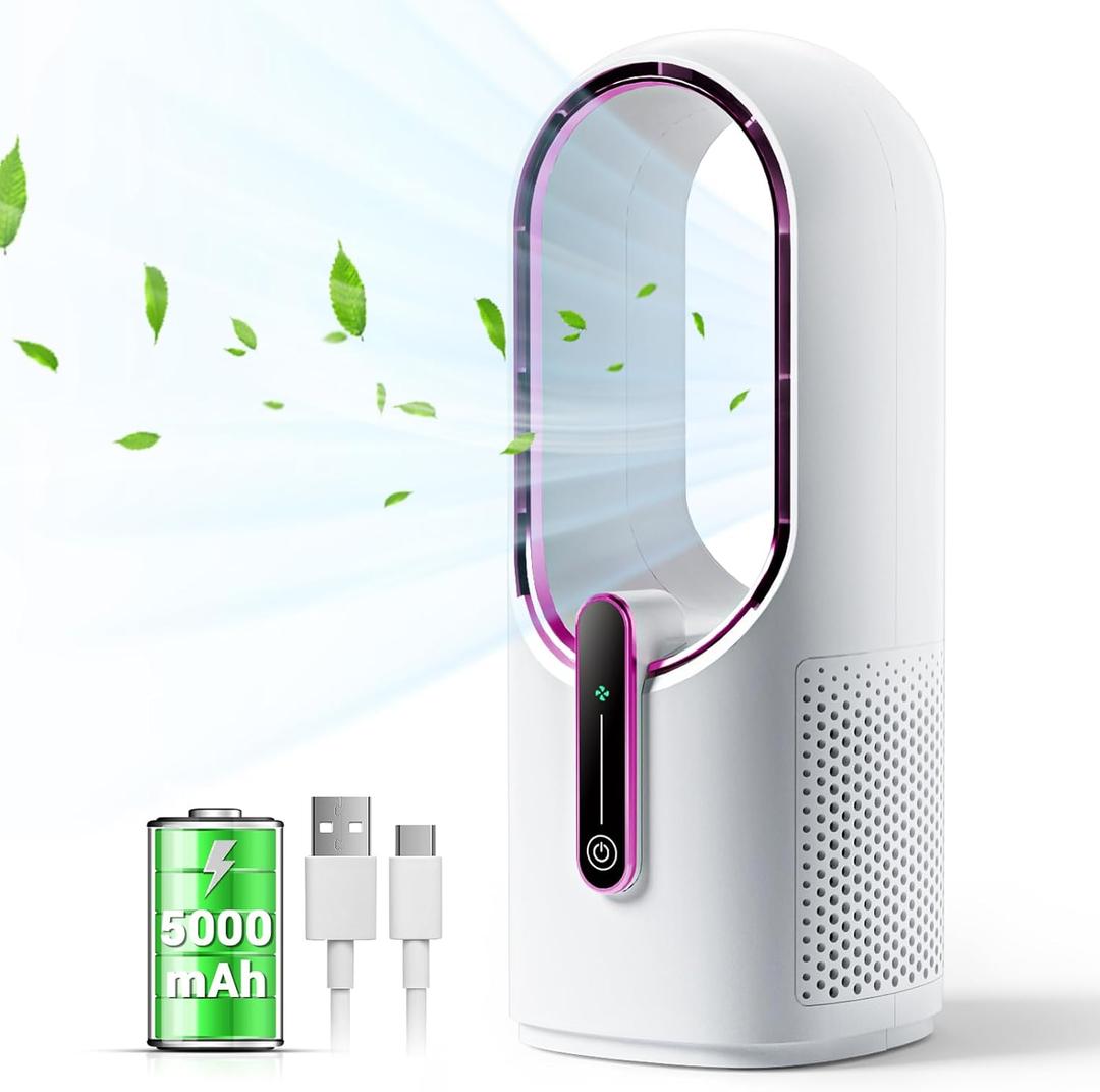 Bladeless Desk Fan, 11.8 Inch Small Rechargeable Fan, Quiet Office Fan, 3 Speeds, Touch Control, Easy to Clean, Desk Fan Small Quiet, Ideal for Home, Office, Travel (White/Rose, With Battery)