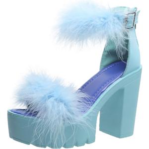 YSMIIH Women'S Faux Fur Chunky Heel Sandals Platform Open Toe Fuzzy Ankle Strap Sexy Colorful Wedding Dress Heels (6.5, Blue)