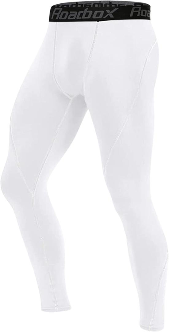 Roadbox Men's Compression Pants Athletic Base Layer Cycling Tights Leggings for Running Yoga Basketball (White, L)