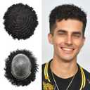 Afro Toupee for Black Men Brazilian Human Hair Replacement System Skin PU Injected African American Men Hairpieces Kinky Curly Hair Units for Man Wigs (12MM AFRO WAVE, 1# JET BLACK)