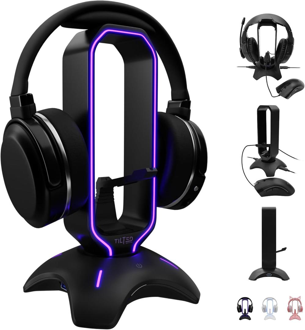 Tilted Nation Gaming Headset Stand | RGB Headphone Stand for Desk with Mouse Bungee and USB Hub (Cool and Clean Setup) Gaming Headset Holder - Perfect Gamer Gift Accessory (Black)