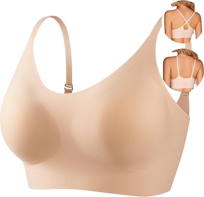 PRETTYWELL Bras for Women Comfort Seamless Bra, Cross Back Adjustable Bralette Bra, Wireless Everyday Bras for Women A-C Cup,  L