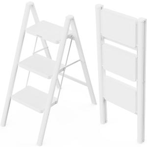 WOA WOA 3 Step Ladder, Folding Step Stool with Wide Pedals, Compact Stepping Stool for Kitchen, Sturdy Steel Ladders with Anti-Slip Feet, Supports up to 330 lbs - White