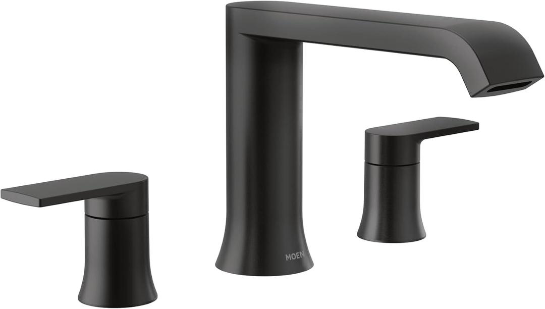 Moen Genta LX Matte Black Two Handle Deck Mounted Roman Tub Faucet, Widespread Modern Bathtub Set for Soaking Tub, Valve Required, T908BL