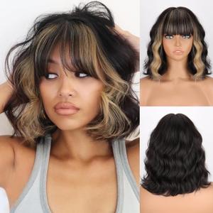 MISSQUEEN Black Blonde Wig with Bangs Short Highlights Curly Wig Heat Resistant Synthetic Fibre Wigs for Women Girls Daily Party Holiday Festival Chrismas Used