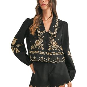 Cropped Floral Embroidery Long Sleeve V Neck Blouse Collar Button Down Shirt (Small, Black)