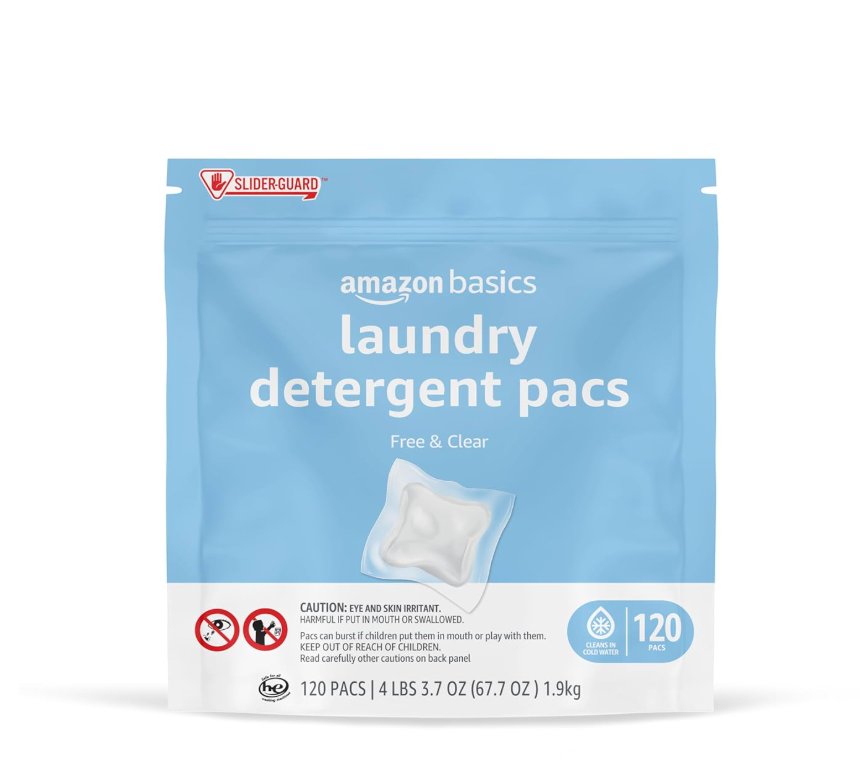 Basics Laundry Detergent Pacs, Free & Clear, Hypoallergenic, Fragrance Free, HE Compatible, Easy to Use, 120 Count (New Packaging)