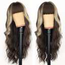 AISI HAIR【Beginner Friendly Wigs Brown Mixed Light Blonde Wig with Bangs Long Wavy Synthetic Wig for Women Breathable and Adjustable with Daily Party Use