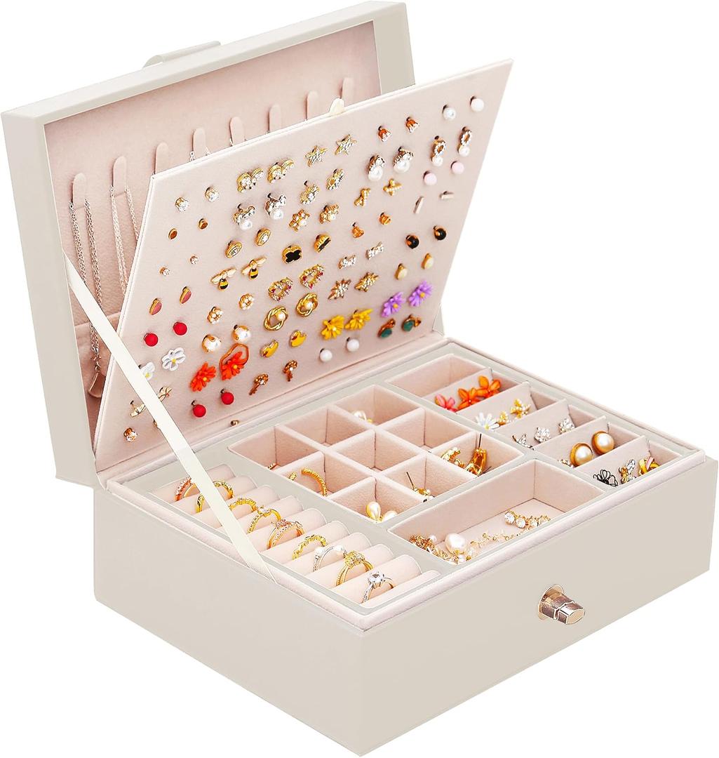 Girls Jewelry Box Earring Holder Organizer for Girls Jewelry Organizer Box Stud Earrings Organizer for Girls Womens Beige Jewelry Box for Earrings and Necklaces Rings Stud Earring Box for Teen (Medium)