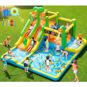 BSPORT Inflatable Bounce House Double Water Slide for Big Kids Water park bouncer with 750W blower, splash pool, jumping, climbing wall, bouncy castle backyard indoor outdoor, 206"L x 181"W x 108"H