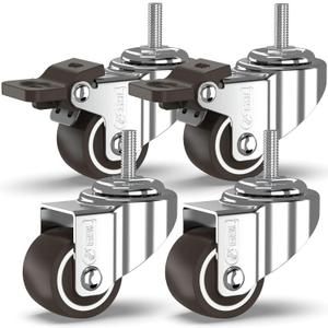 GBL 1" inch Small Caster Wheels with 2 Brakes + Screws M6x15mm - 90Lbs - Low Profile Castor Wheels with Brakes - Set of 4 No Floor Marks Silent Casters
