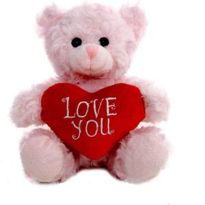 Plushland Stuffed Mocha Heart Bear - Plush Bear Toy for Kids & Adults - Embroidered Heart Pillow - Brown-6 inches (Love You-Pink)